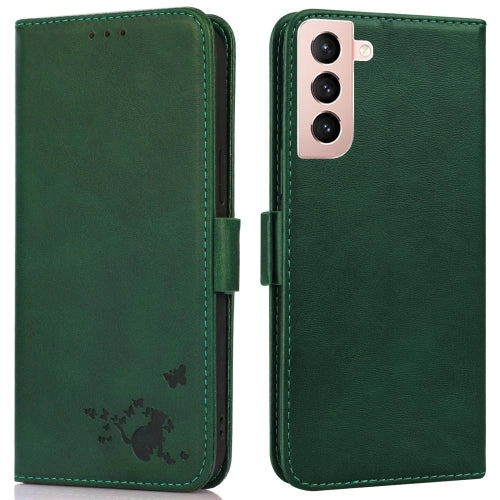For Samsung Galaxy S21  5G Embossed Cat Butterflies Pattern Horizontal Flip Leather Case with Card