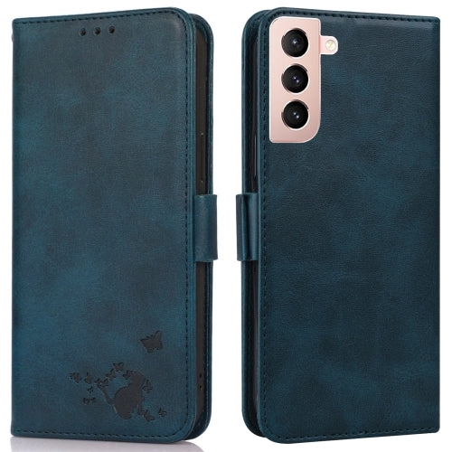 For Samsung Galaxy S21  5G Embossed Cat Butterflies Pattern Horizontal Flip Leather Case with Card