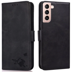 For Samsung Galaxy S21  5G Embossed Cat Butterflies Pattern Horizontal Flip Leather Case with Card