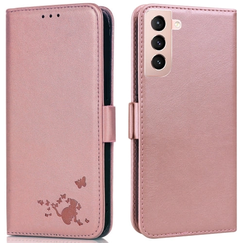 For Samsung Galaxy S21  5G Embossed Cat Butterflies Pattern Horizontal Flip Leather Case with Card