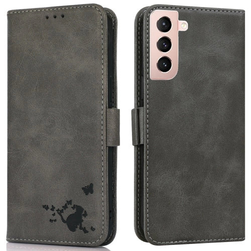 For Samsung Galaxy S21  5G Embossed Cat Butterflies Pattern Horizontal Flip Leather Case with Card