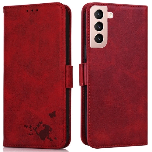 For Samsung Galaxy S21  5G Embossed Cat Butterflies Pattern Horizontal Flip Leather Case with Card