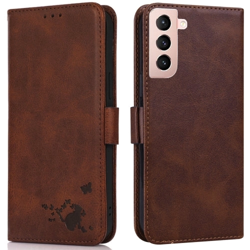 For Samsung Galaxy S21  5G Embossed Cat Butterflies Pattern Horizontal Flip Leather Case with Card
