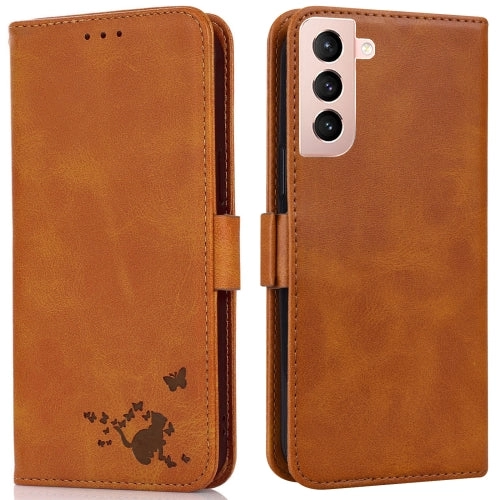 For Samsung Galaxy S21  5G Embossed Cat Butterflies Pattern Horizontal Flip Leather Case with Card