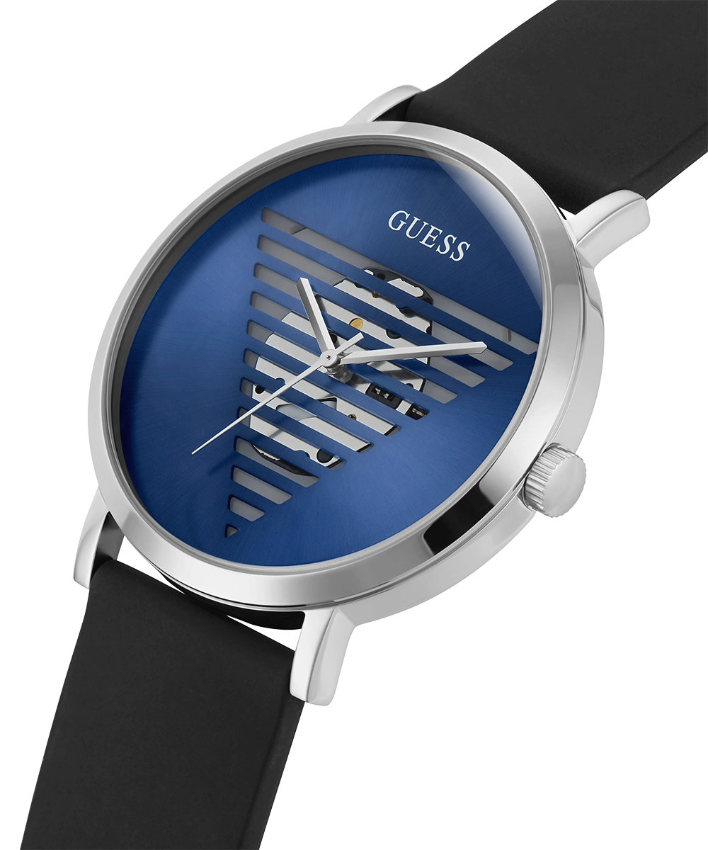 GUESS Mens Black Silver Tone Analog Watch