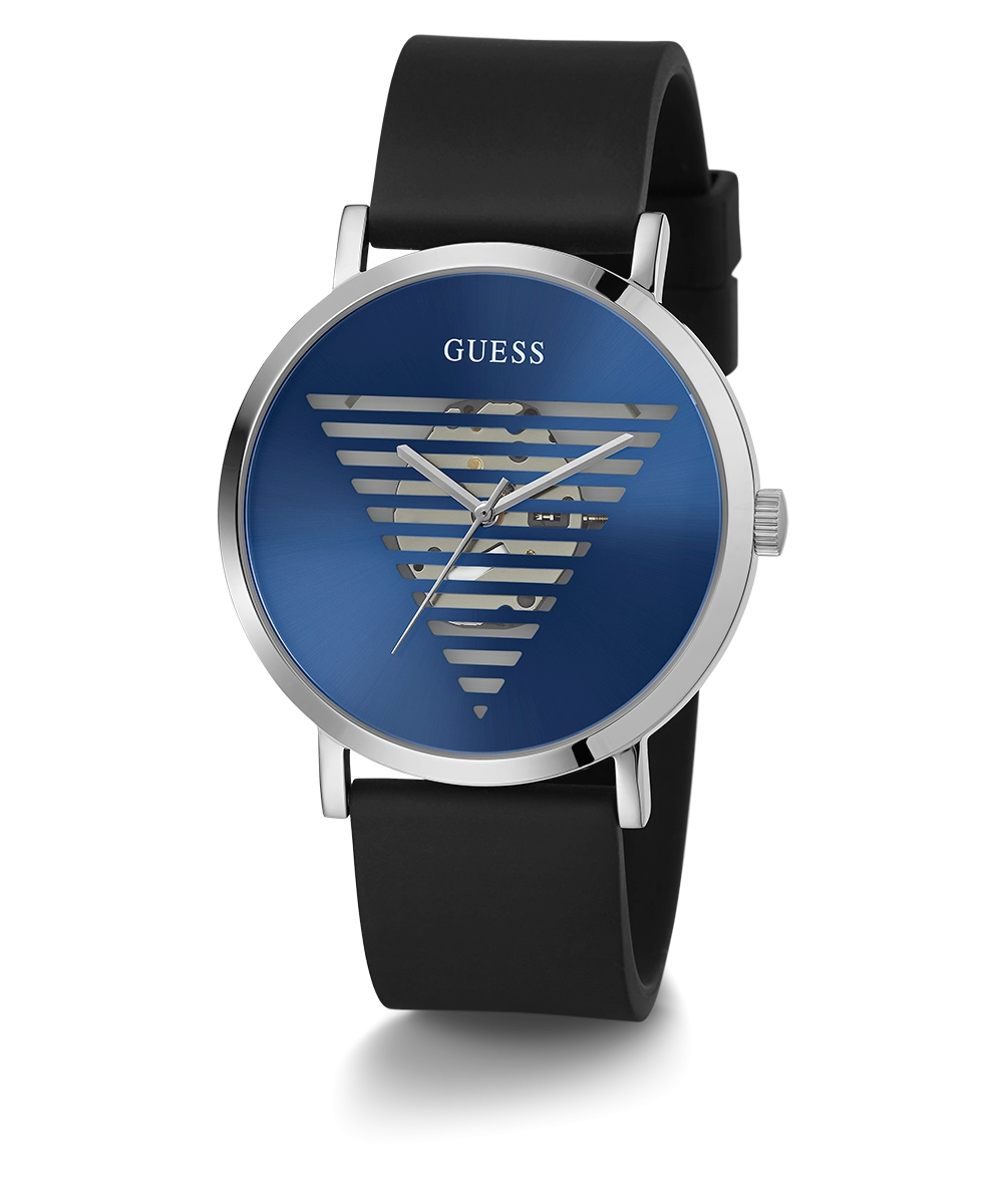 GUESS Mens Black Silver Tone Analog Watch