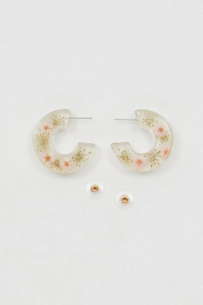 Print Trapped Flower Clear Plastic Hoop Earrings