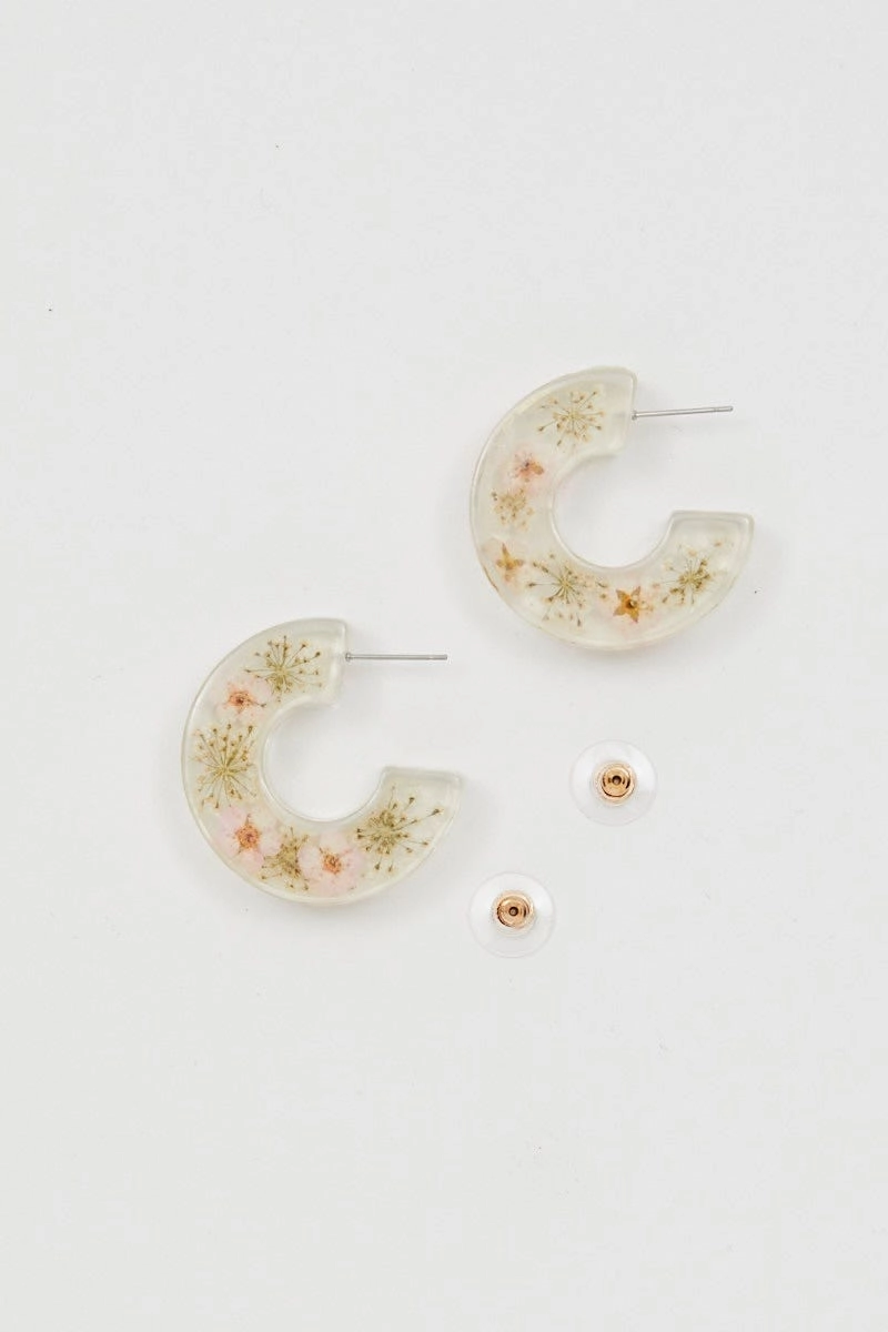 Print Trapped Flower Clear Plastic Hoop Earrings