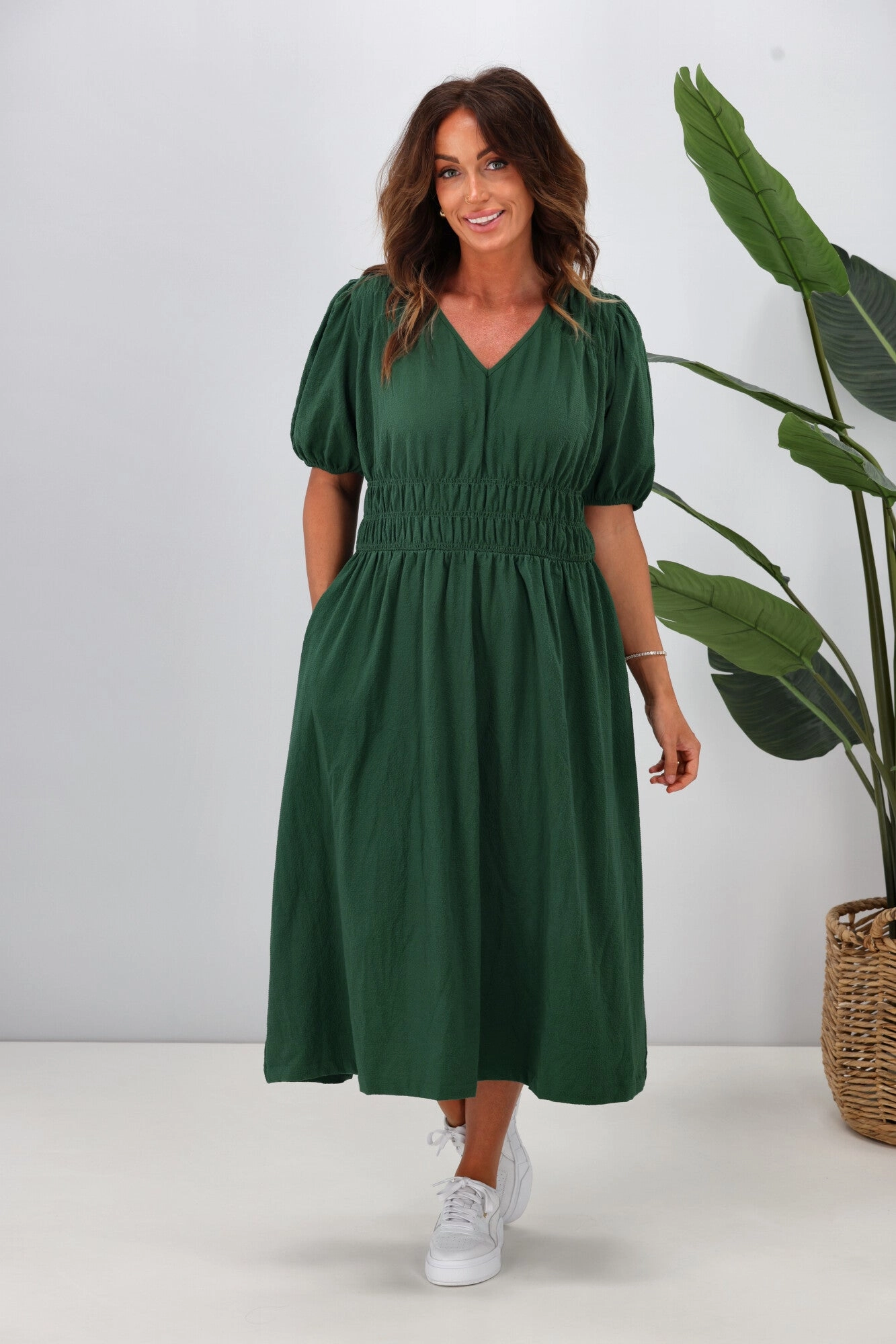 Shine On Label Ishana Shirring Detail Dress Green