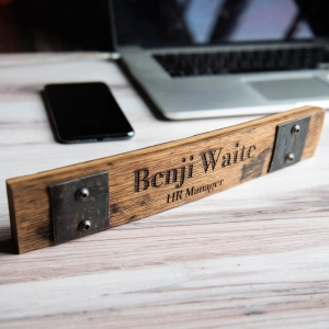 Your Logo   Our Barrels - Whiskey Barrel Executive Desk Name Plate Sign - Custom Logo and Corporate Gifting