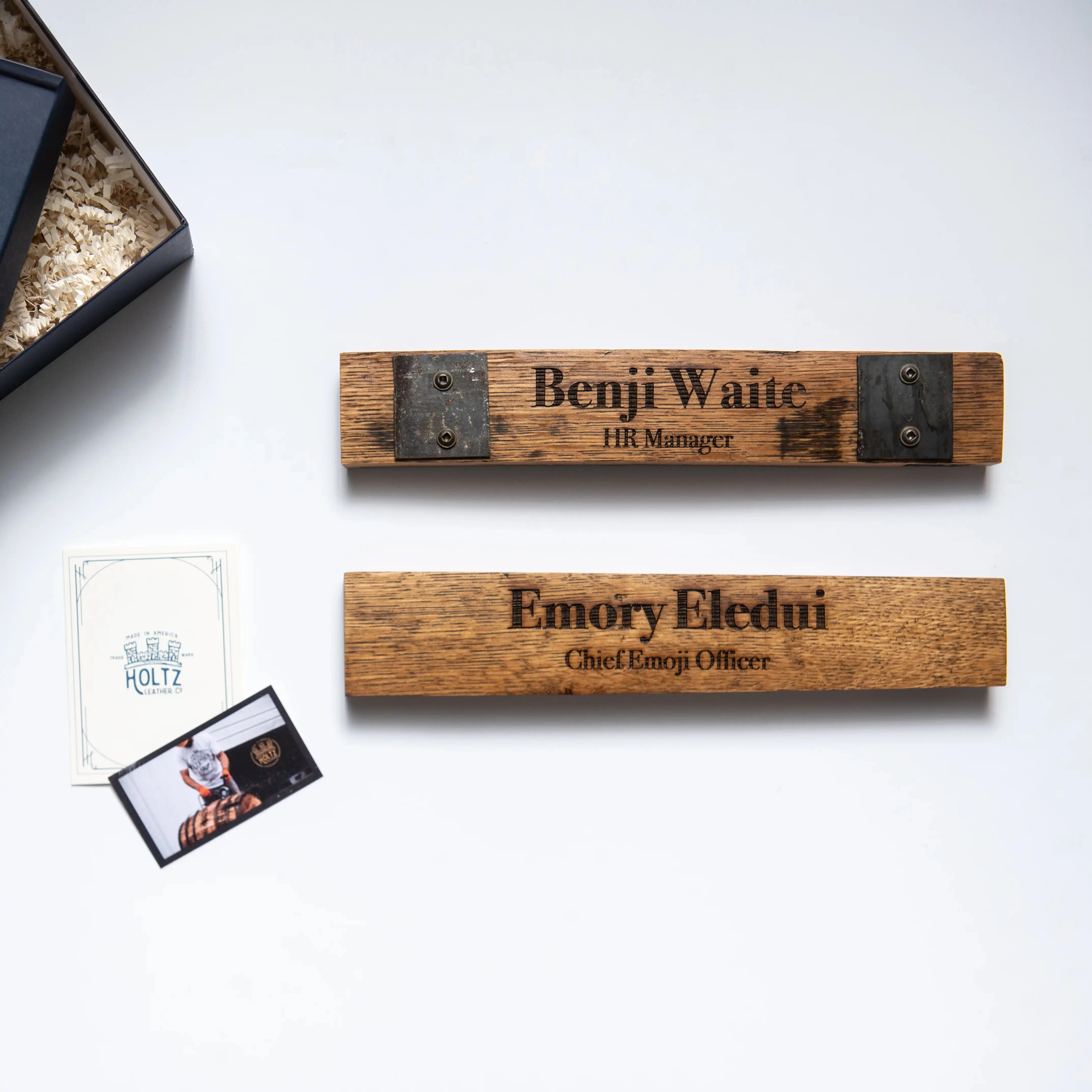 Your Logo   Our Barrels - Whiskey Barrel Executive Desk Name Plate Sign - Custom Logo and Corporate Gifting